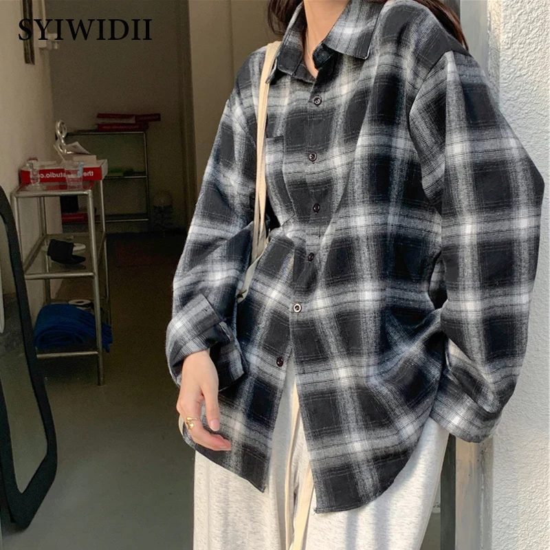 Syiwidii рубашки в клетку для женщин с длинным рукавом оверсайз блузки на пуговицах