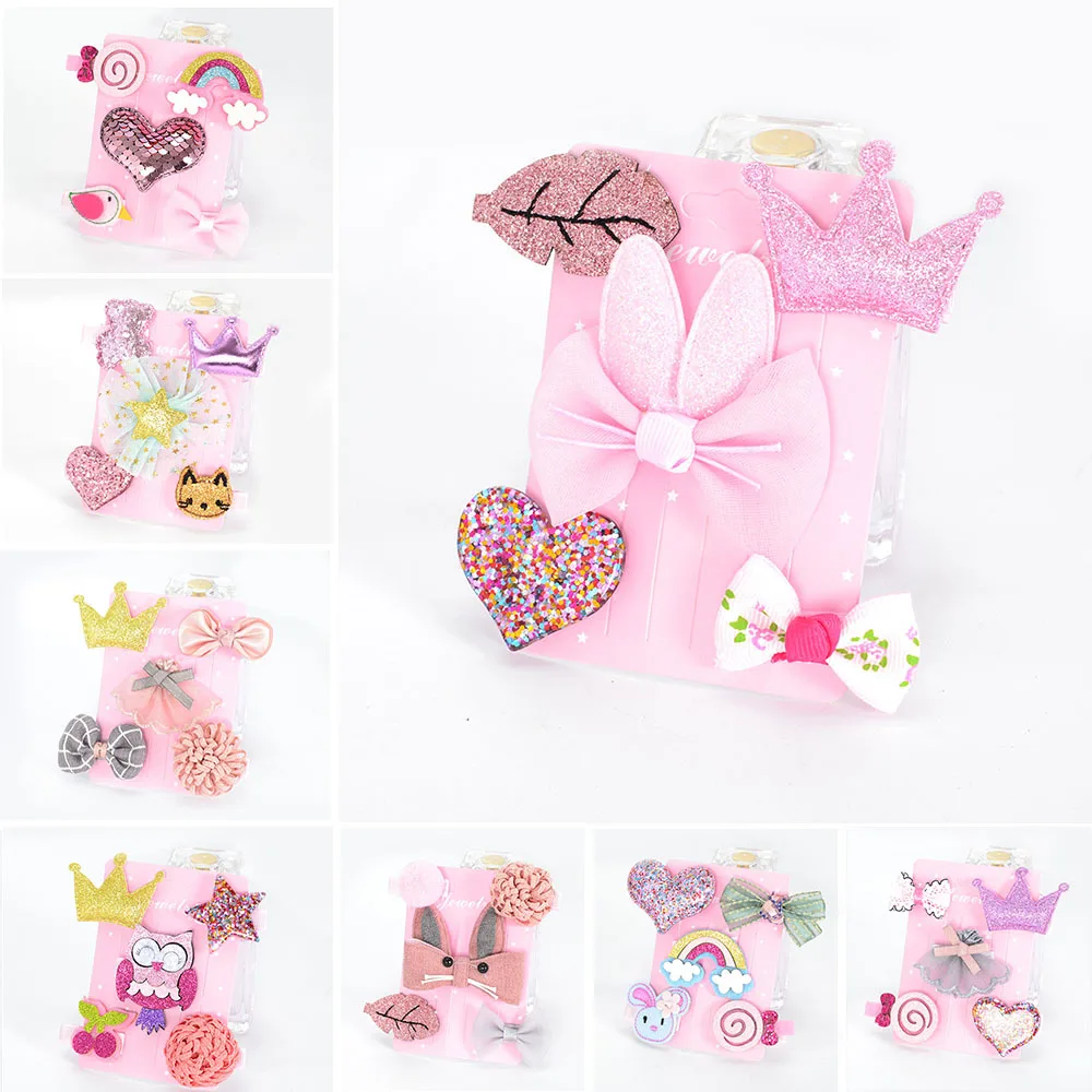 Children's hairpin set hair accessories 5PCS/SET baby flowers bow side clip girls crown all-inclusive cloth side clip