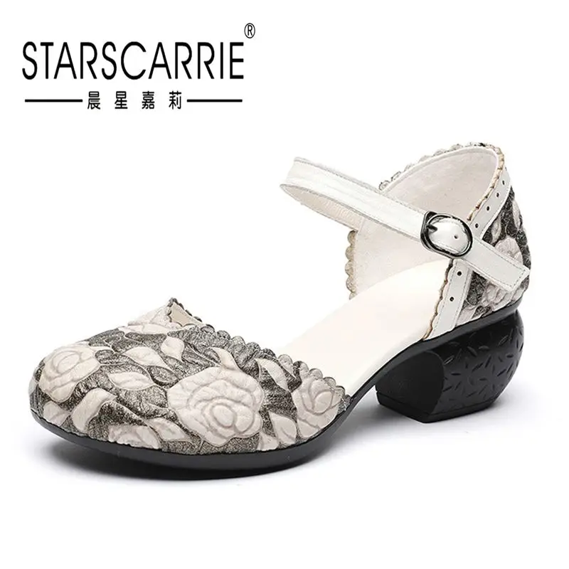 

2021 summer new RETRO art embossed thick middle heel national style hollow handmade mother shoes sandals female