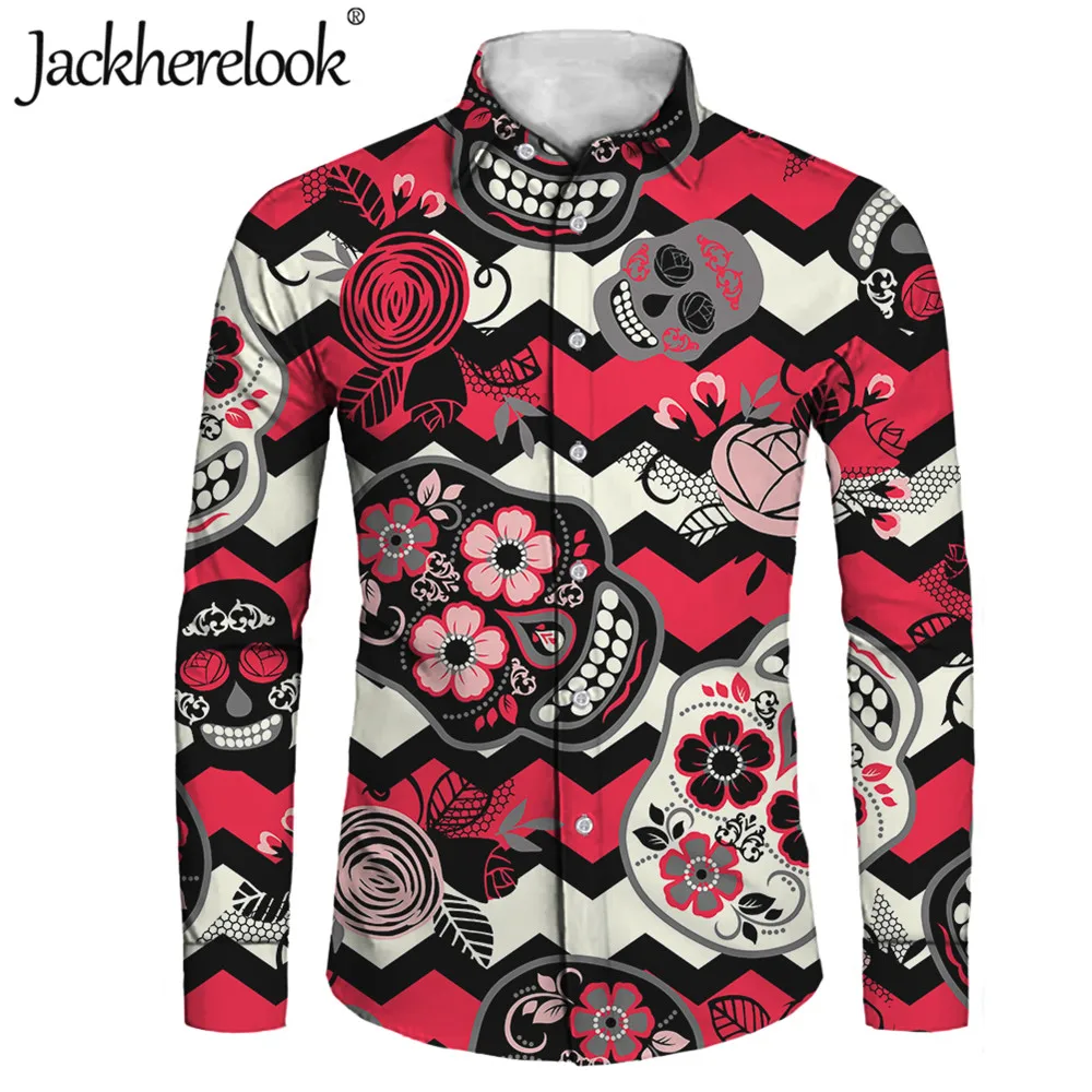 

Jackherelook Stripe Sugar Skull Floral Print Men Casual Long Sleeves Shirts Cuban Guayabera Gothic Clothes Male Top Shirt Blouse