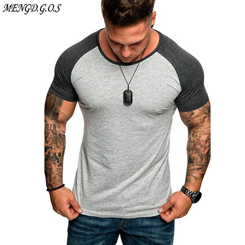 

2020 stitching round neck men's short-sleeved shirt brand fashion men's t-shirt jogger muscle men's fitness sportswear