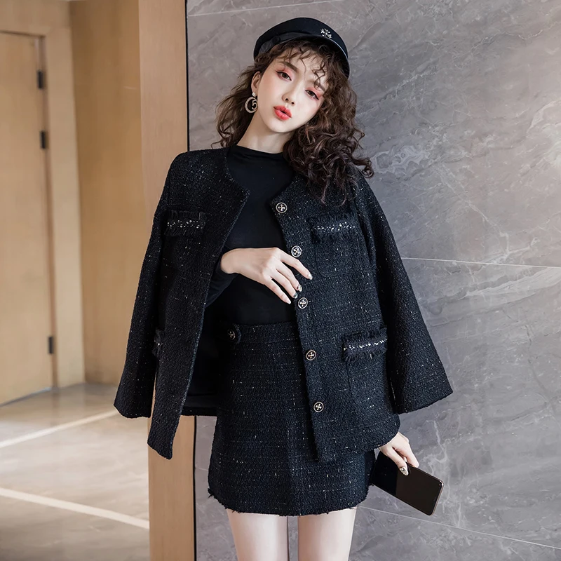 black Black Tweed Blazer Skirt Two Piece Sets Autumn Winter New Ladies Tweed Jacket+ Skirt Coat Women Suits Clothes Wholesale - Цвет: black