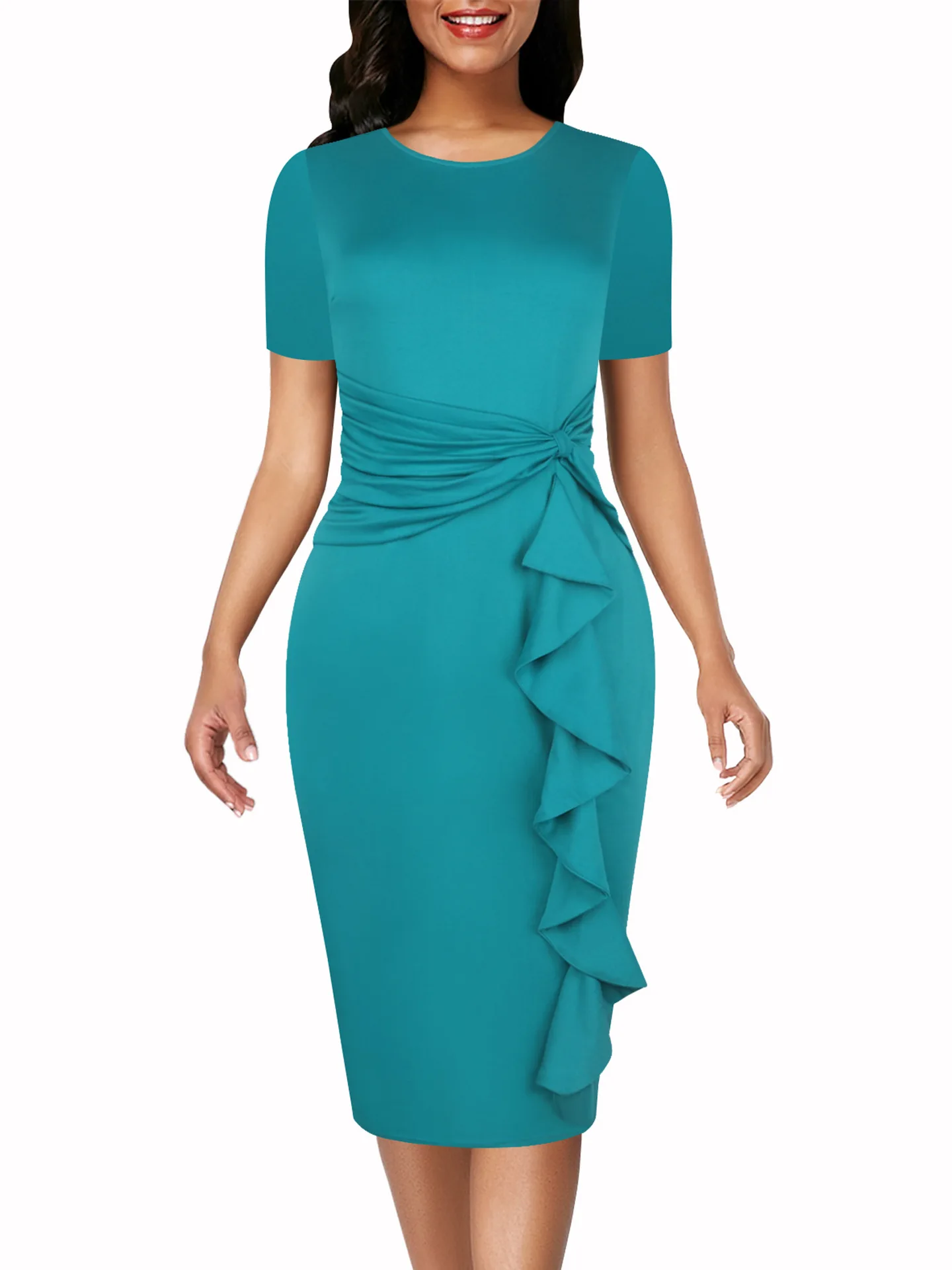 

Spring Women 2020 New Black Green Large Size O-neck Ruffled Waist Bow Slim Fit Hip Dress Plus Size Office Work Clothes Vestidos