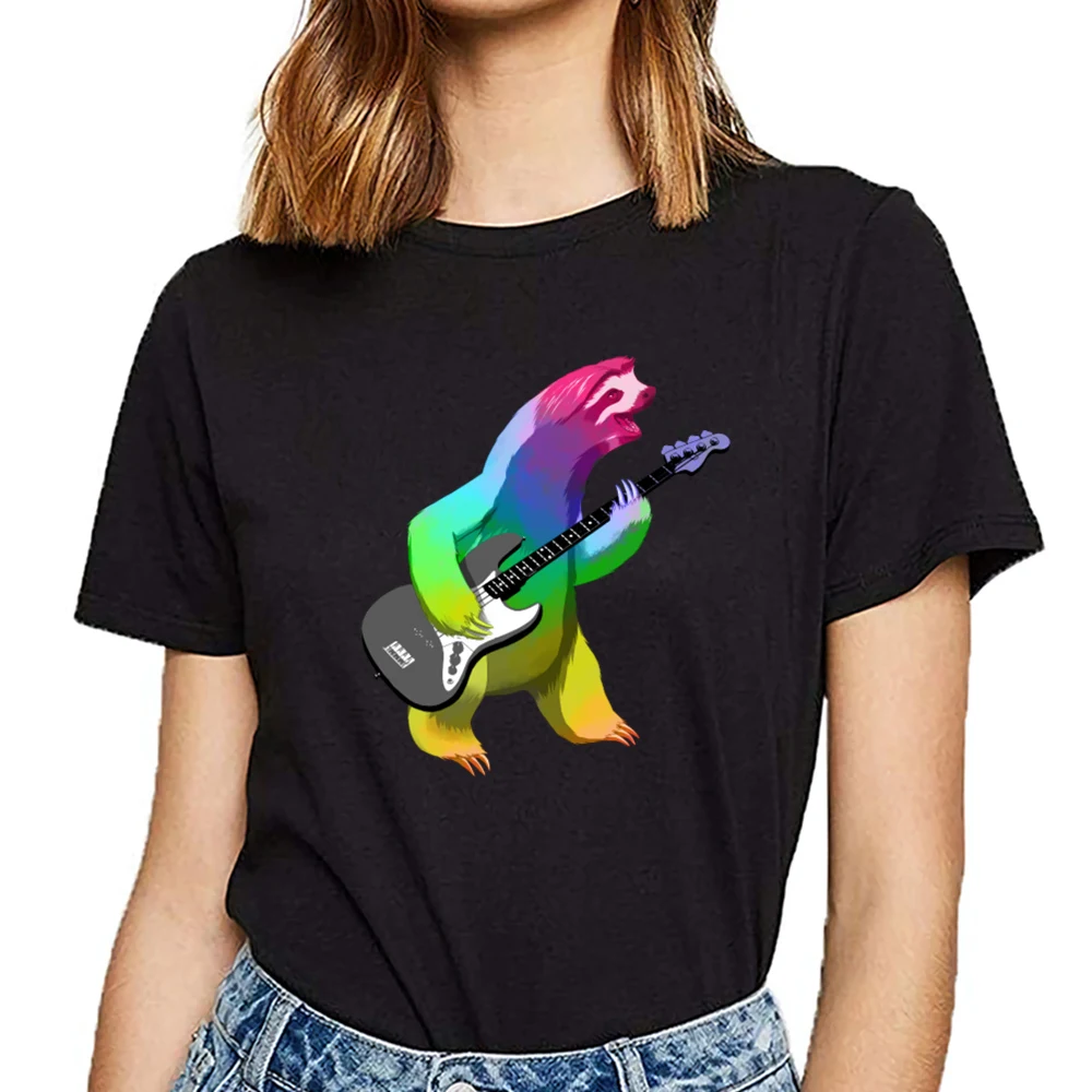 Топы футболка для женщин Ленивец гитара музыканты Подарок Идея базовая черная