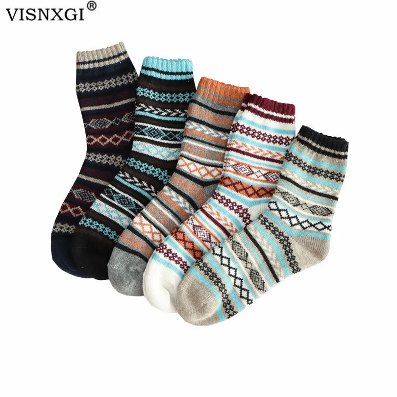

Носки VISNXGI для мужчин и женщин, Разноцветные теплые шерстяные носки с геометрическим рисунком в клетку, толстые рождественские подарки свободного размера