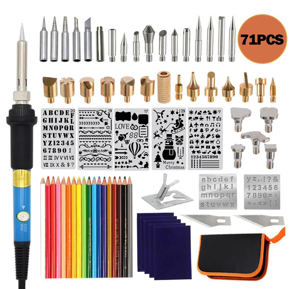 

71pcs Wood Burning Kit Carving Wood Embossing Burning Set Pyrography Pen Kit 60W Adjustable Temperature Soldering Iron Welding