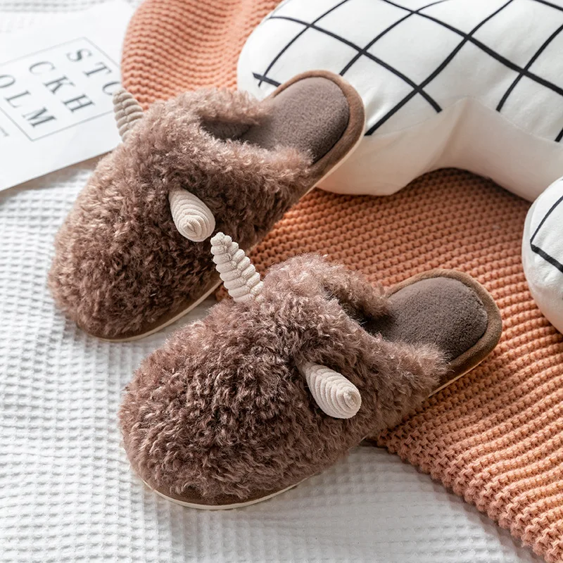 Симпатичные пушистые тапочки с коровьими рожками для женщин и мужчин Мультяшные