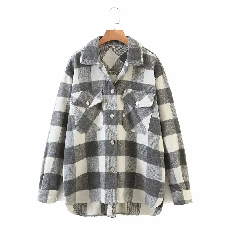 

Vintage Stylish Gray Pockets Plaid Woolen Jacket Women Fashion Button-up Lapel Collar Jacket Coat Female Chic Outerwear