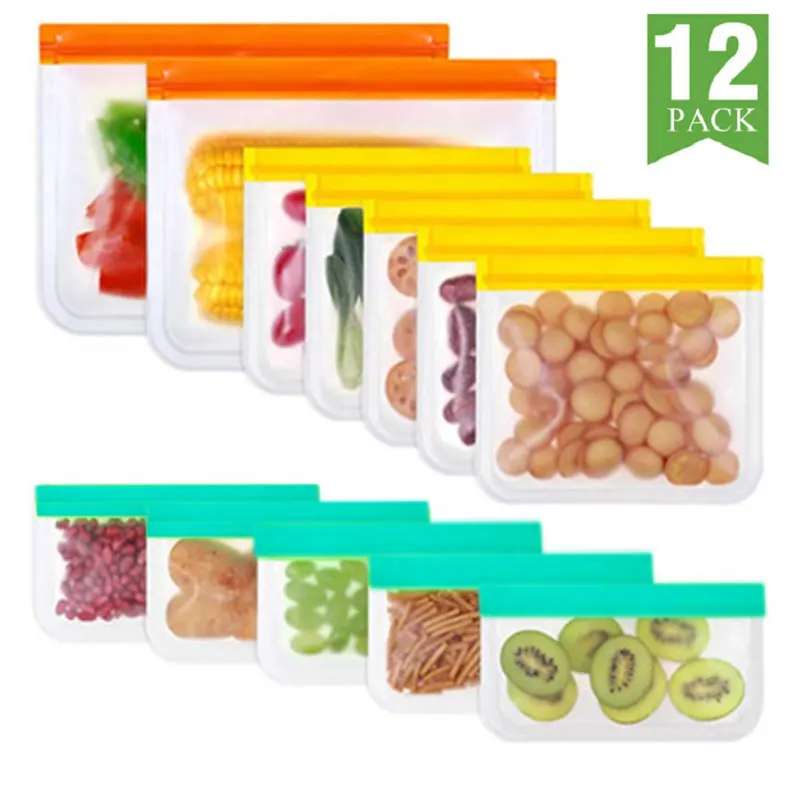 

12Pcs/set Of Silicone Food Bag Reusable Fresh-keeping Bag Fruit And Vegetable Sealed Bag Leak-proof Food Storage Ziplock Bag