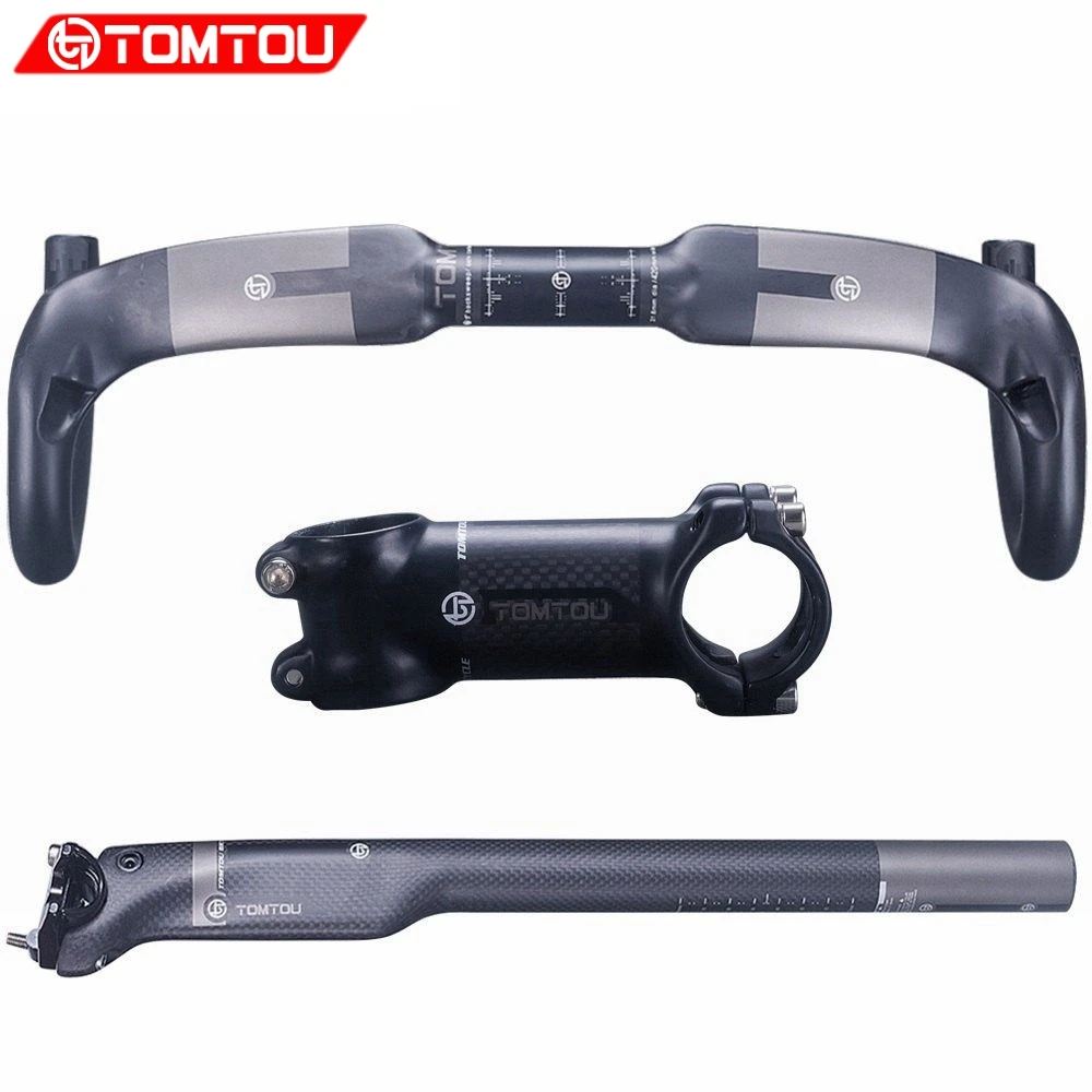 

TOMTOU Full Carbon Fibre Road Cycling Handlebar + Bicycle Seatpost + Bike Stem Matte Black - TX5T86
