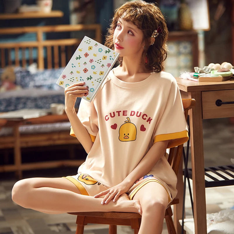 Летняя Пижама тонкий хлопковый костюм с коротким рукавом милая одежда для сна