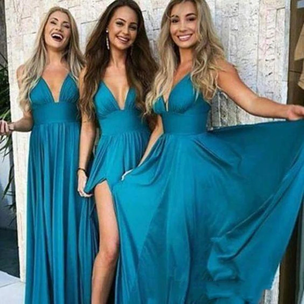 2020 Cheap Country Teal Blue Chiffon Bridesmaid Dresses Long Sexy Deep V Neck Full Length Summer Beach Plus Size Prom Party Gown | Свадьбы и
