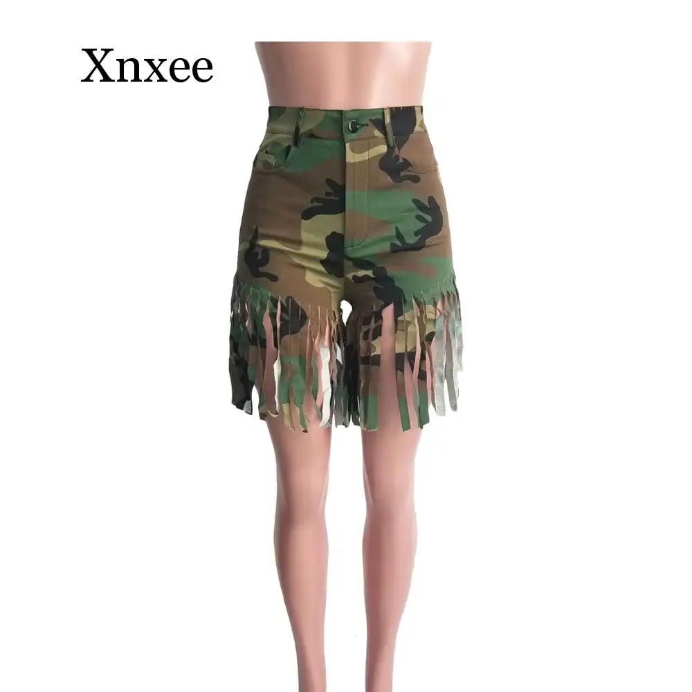Camo  Tassel Denim Shorts Women Elastic High Waist Rave Short Jeans Summer Streetwear Neon Casual Biker Shorts