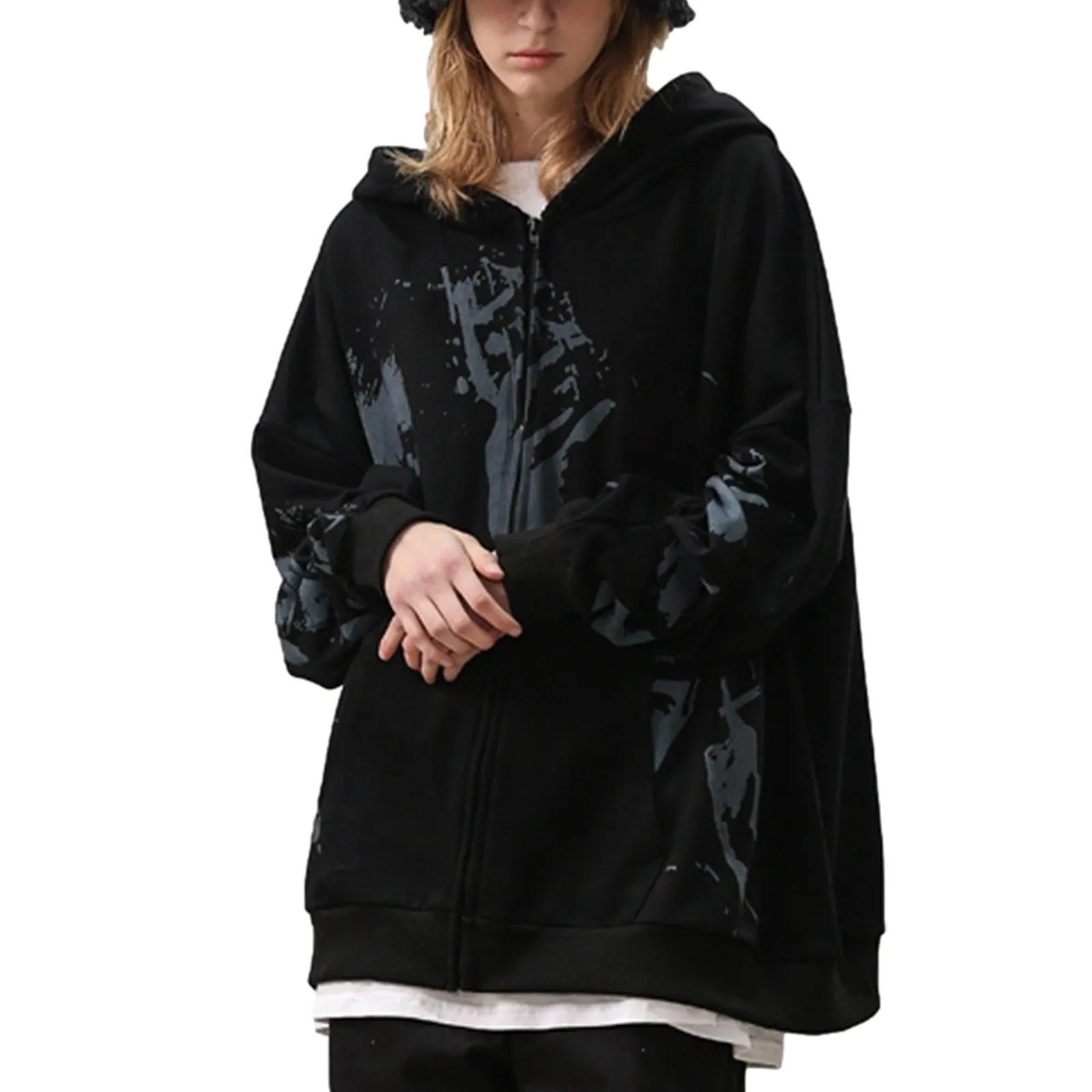 

Spring Fall Women\u2019s Zip Up Hoodies Fashion Personality Portrait Print Long Sleeve Oversized Sweatshirts Black/Brown