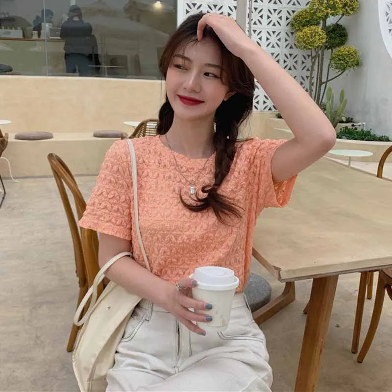 

Summer 2021new Korean Style All-Matching Slim Fit Figure Flattering round-Neck Short Sleeve T-shirt Women's Fashionable Stylish