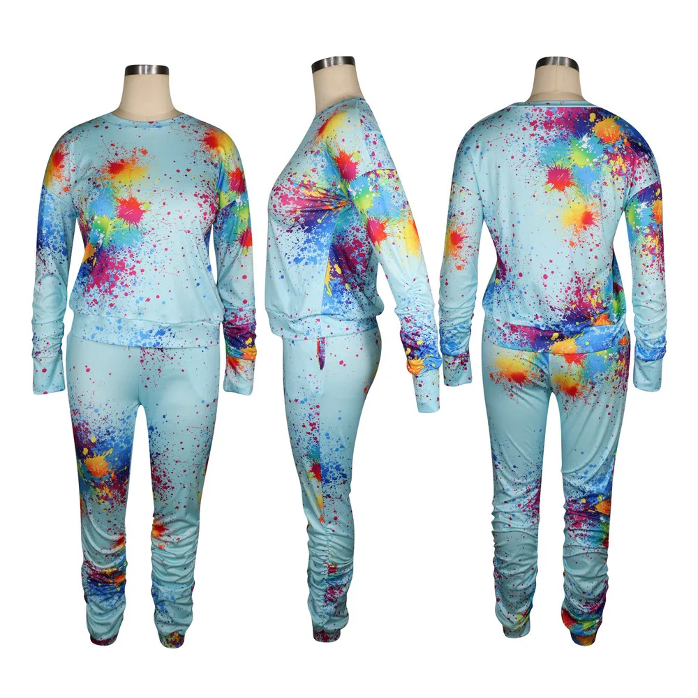 

Splash Ink Graffiti Print Casual Outfits Two Piece Set for Women O Neck Long Sleeve Tops and Skinny Pant Active Wear Tracksuits