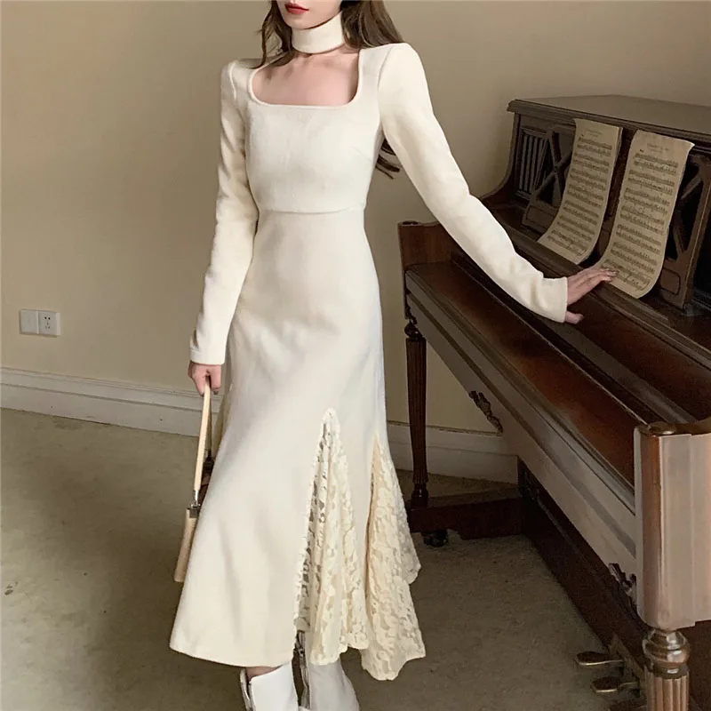 

2021 Autumn Winter French Fashion Women'S Vintage Knitted Dress Korean Chic Patchwork Elegant Hollow Out Slim Midi Dress Female