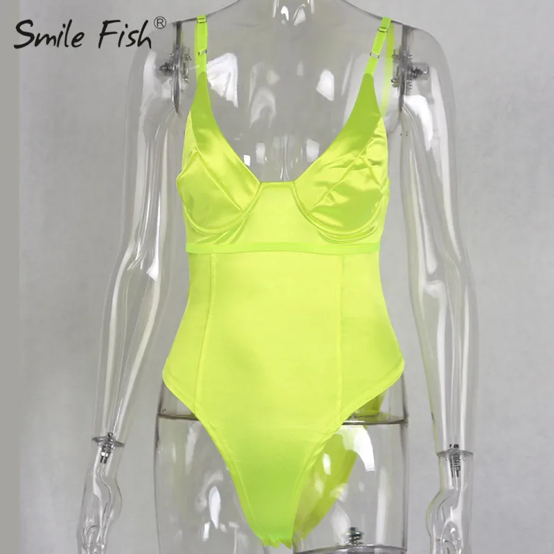 Fluorescent Yellow Блестящие атласные Клубные неоновые боди, сексуальные женские золотые боди, женские Комбинезоны на тонких лямках, женские комбинезоны, комбинезоны GV287 - Цвет: Fluorescent Yellow