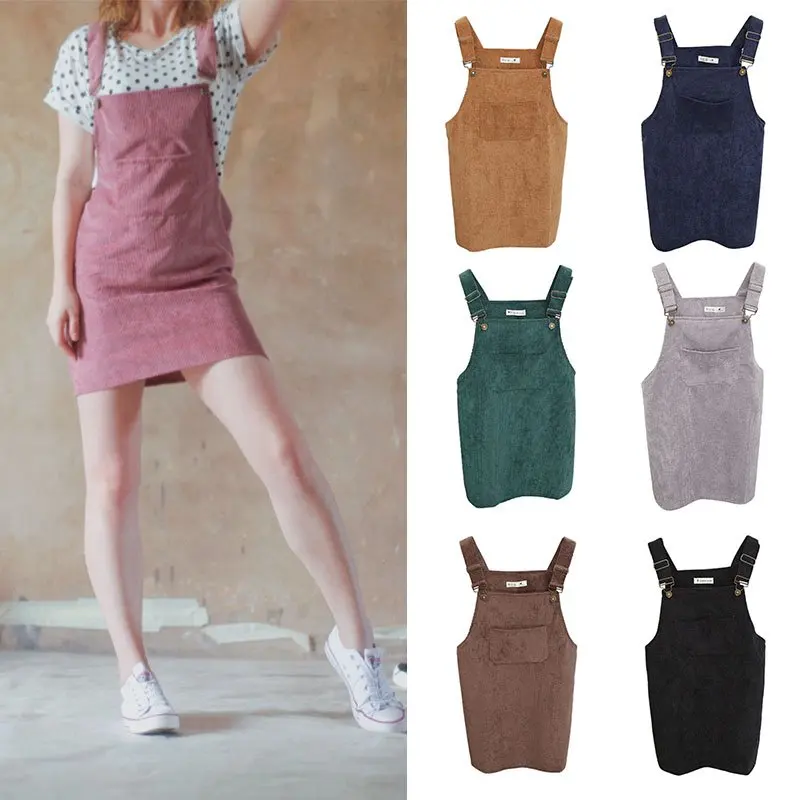 Женский вельветовый комбинезон без рукавов с карманами|suspender skirt|overall skirtskirt corduroy |