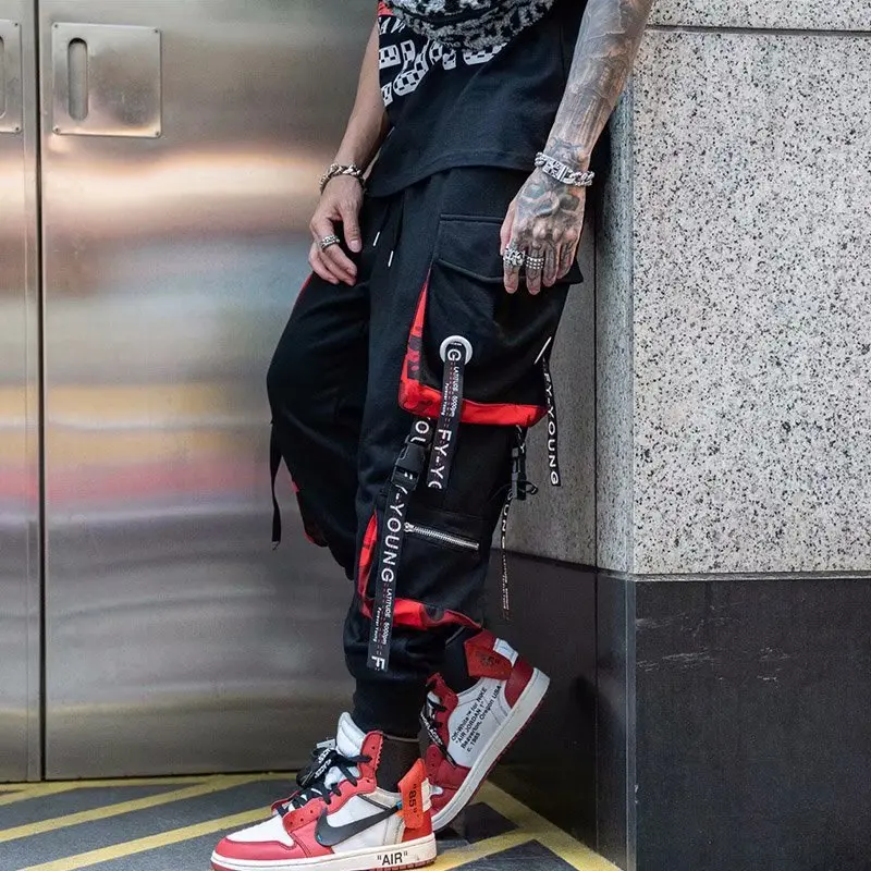 

Hip Hop Joggers Men Letter Ribbons Cargo Pants Pockets Track Tactical Casual Techwear Male Trousers Sweatpants Sport Streetwear