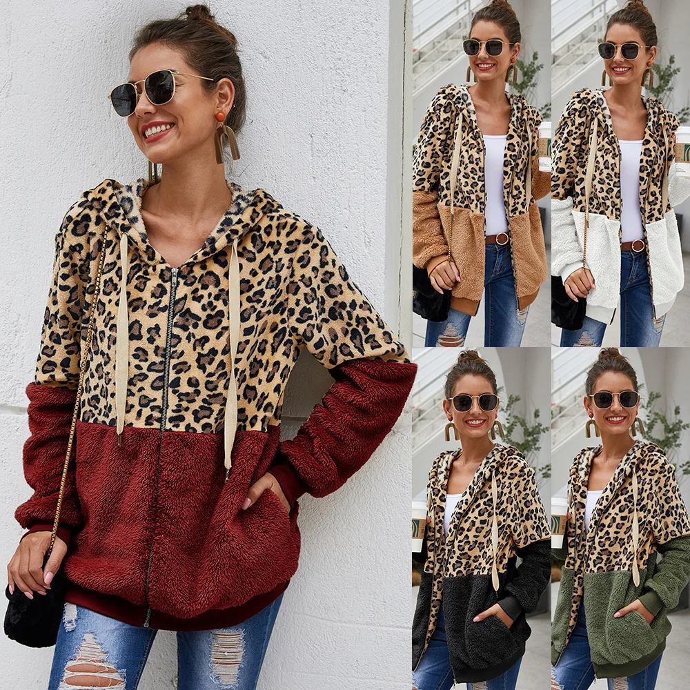 

2021 Women's Fashion Leopard Print Zipper Hooded Stitching Winter Short Jacket New Product Long Sleeve Jacket Top