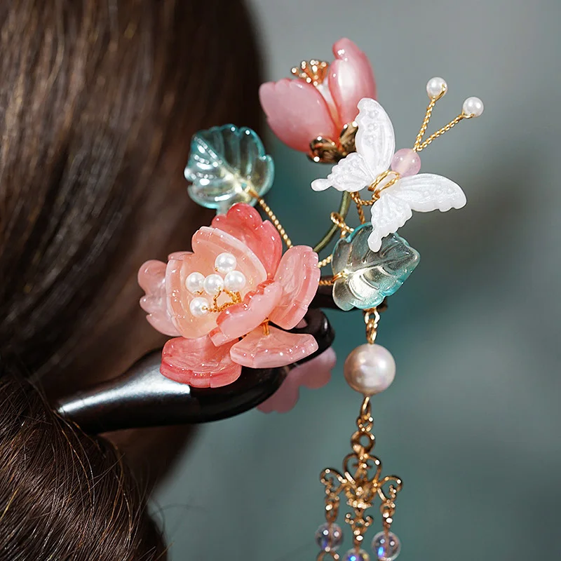Оригинальные украшения для волос ручной работы Hanfu Kanzashi розовый цветок белая