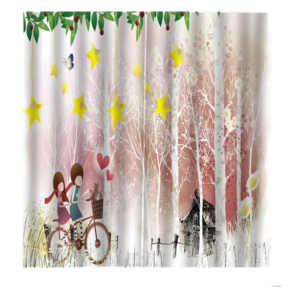

Custom Cartoon couple cycling curtains personality 3D printing Snowing Cypress Scenery Window Draprs For Living room Bedroom