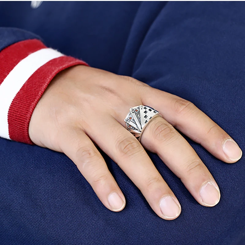 Playing Card Chunky Cubic Zirconia Engraved Adjustable 925 Sterling Silver Ring For Men Vintage Wholesale Jewelry | Украшения и