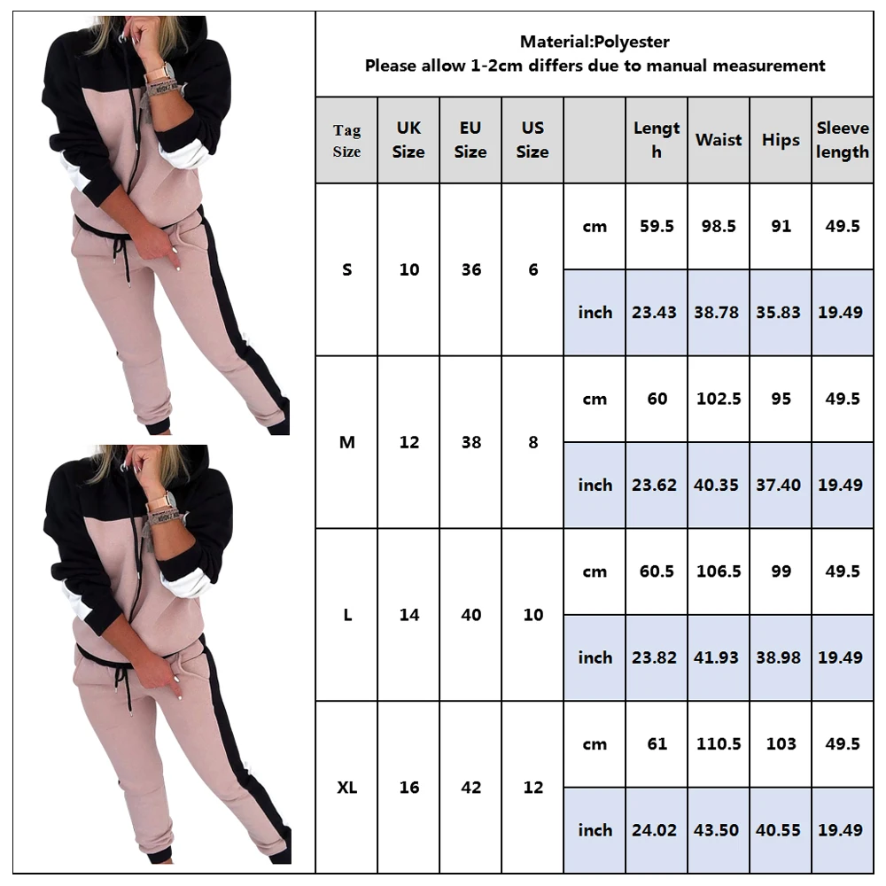 

Women Suit Fashion 2pcs Women Travel Leisure Jogging Suit Casual Two Tone Zipper Tracksuits Lined Hoodies Long Pants Set D30