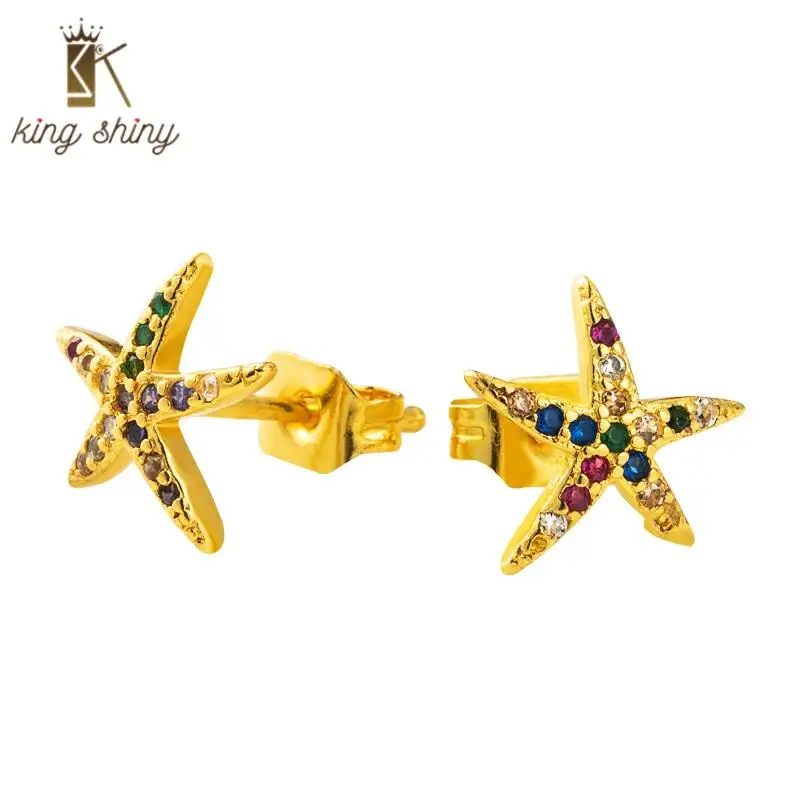 

Fashion Rainbow Crystal Copper Stud Earrings for Woman Elegant Cubic Zirconia Starfish Statement Earrings Birthday Gift for Girl