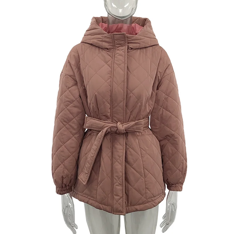 2021 New Fashion Autumn and Winter Women's Hooded Cotton Jacket Warm Solid Color Long-sleeved Jacket Women's Tie Down Cotton Top