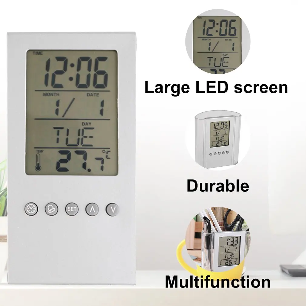

Digital Desk Pen/Pencil Holder LCD Alarm Clock Thermometer&Calendar Display