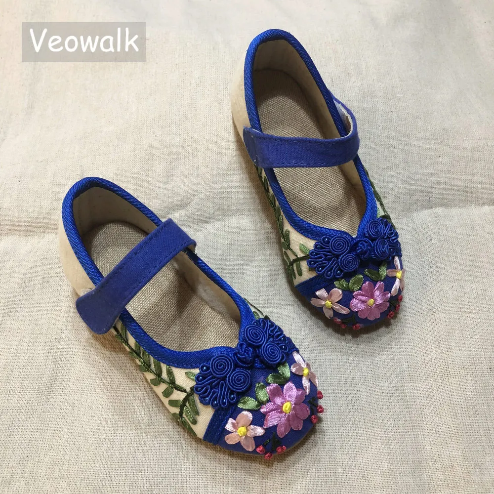 Veowalk Chinese Lucky Knot 2-15 Years Girls Cotton Embroidered Flat Shoes Instep Strap Kids Children Teenager School Ballets | Детская