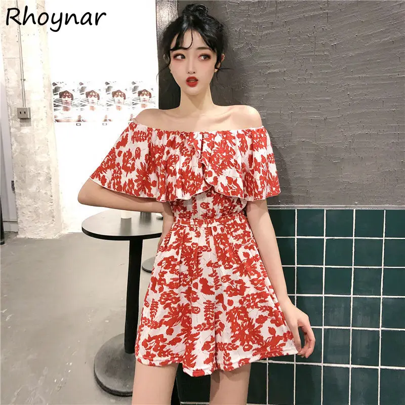 

Rompers Women Tender Ladies Print Slash Neck Design Streetwear Ruffles Ulzzang Chic Playsuits Summer Chic Female Lovely Girl Ins