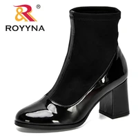 royyna 2021 new designers hot patent leather women ankle boots casual round toe bootie woman high heels fashion footwear ladies