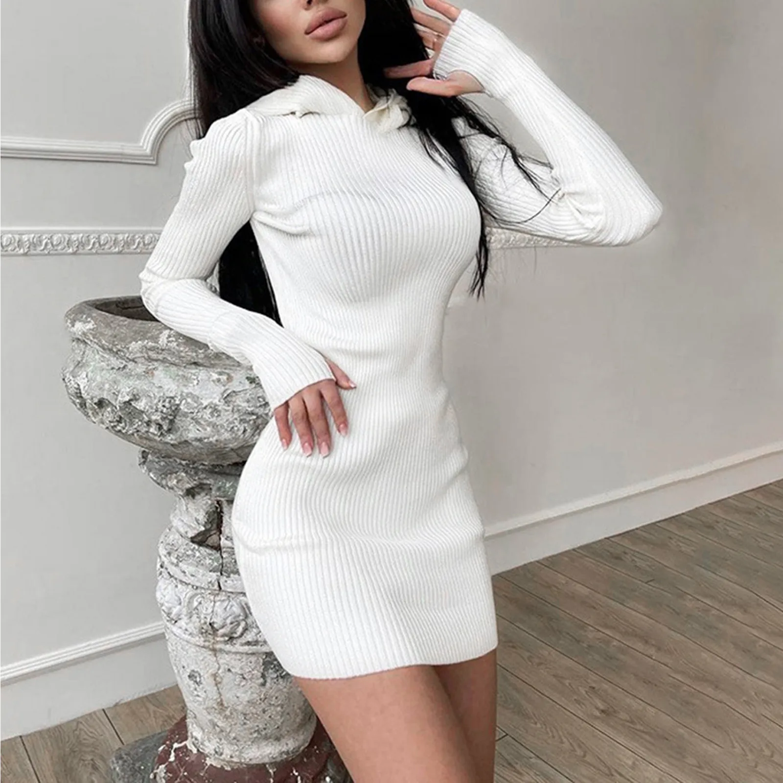 

Fashion Long Sleeve Knitted Dress Spring Autumn Hooded Bodycon Dress Women Sexy Elegant Short Mini Party Dresses Vestido de fest