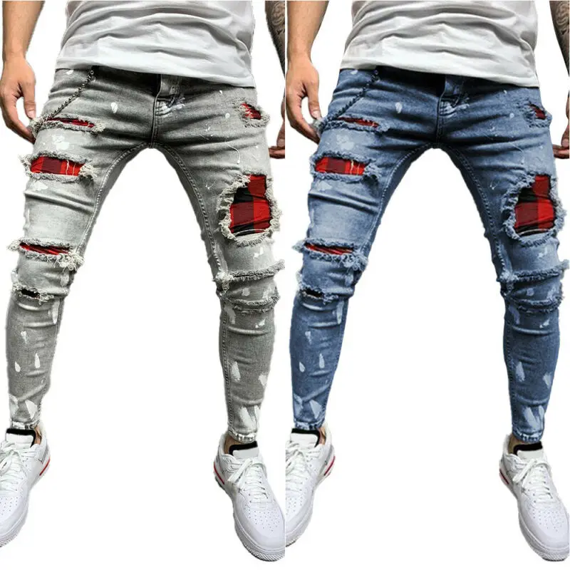 

Mens Pant Ripped Skinny Jeans Slim Fit Stretch Denim Pants Distressed Trousers Pencil Pants Streetwear Casual Jeans Men Clothing