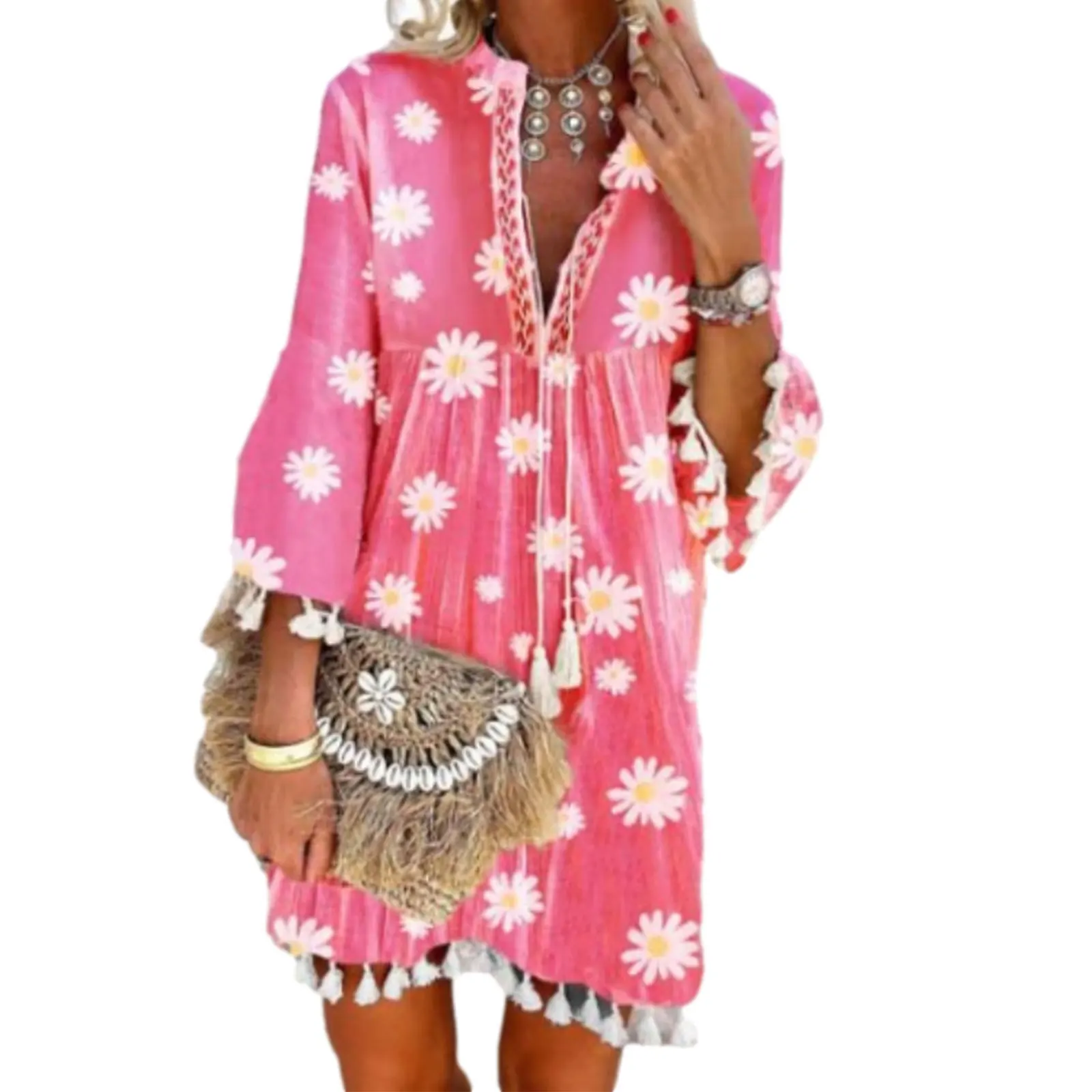 

2021 New Arrival Summer Dress Women Fashion Chic And Elegant Chrysanthemum Long-Sleeved Fringed Maxi Vestidos Casual Beach Dress