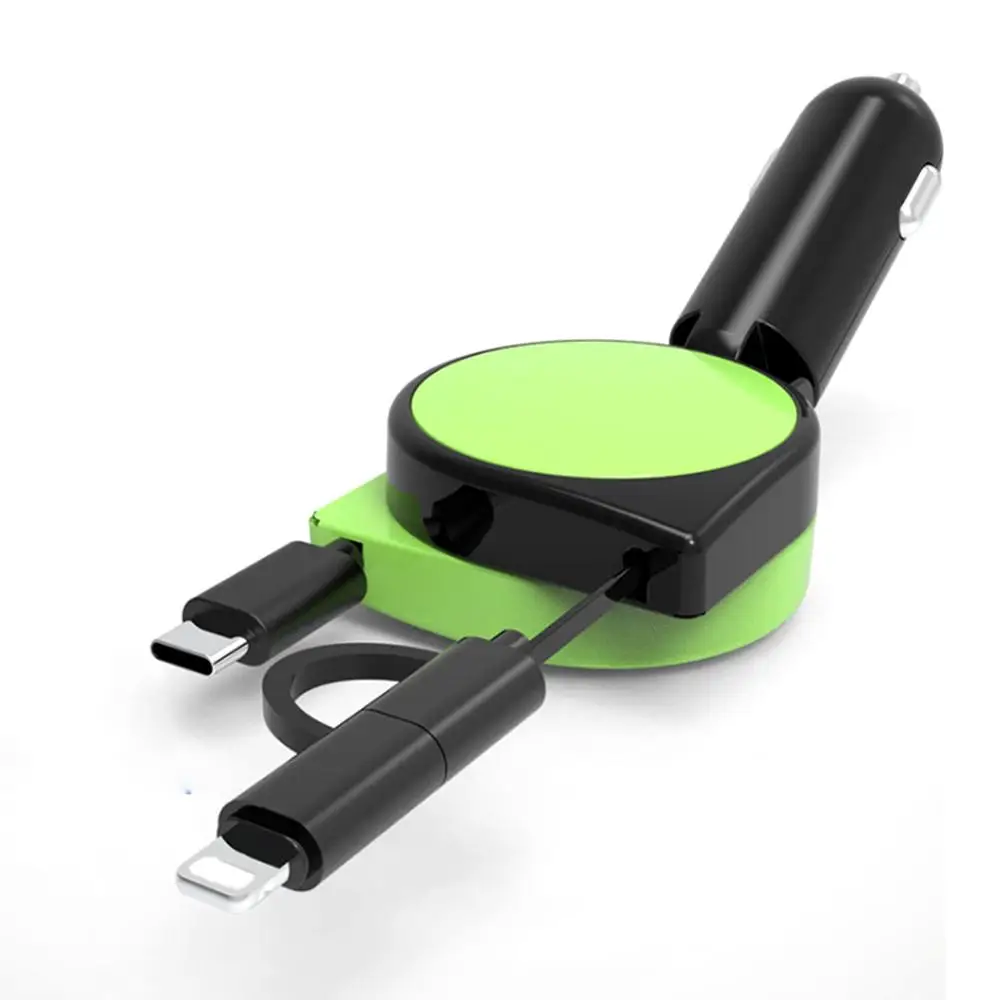 Car Charger Quick Charge 3.1A with Dual Retractable Cable Multifunctional 3 in 1 Compatible Android Type-C iPhone |