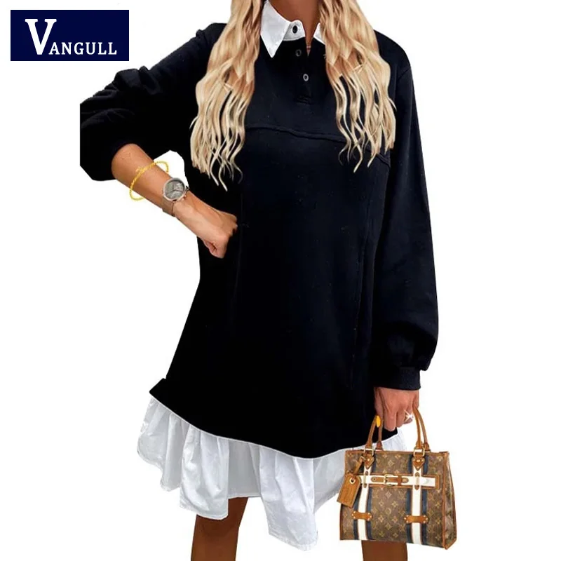 

Vangull короткие весенние модные повседневные платья с рюшами, карманами, отложным воротником и пуговицами, Повседневная рубашка с длинным рук...