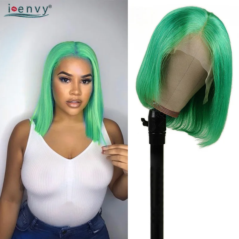 Красный зеленый прямой короткий боб парики человеческие волосы на кружеве 13х4