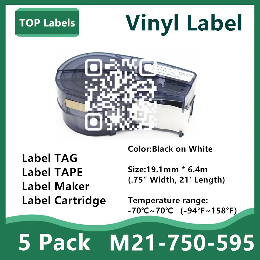 

5 Pack Label Tape M21-750-595 Ribbon Vinyl Labels Black on White for BMP21-PLUS BMP21 LAB Laboratory,Equipment Labeling 19.1MM