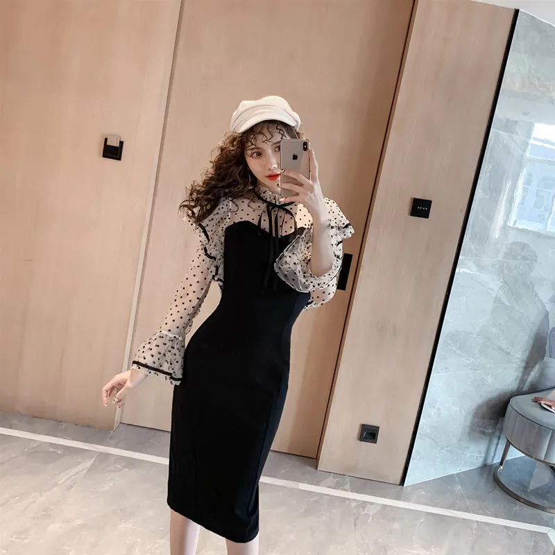 Женское облегающее платье в горошек Черное длинное Сетчатое Корейском стиле