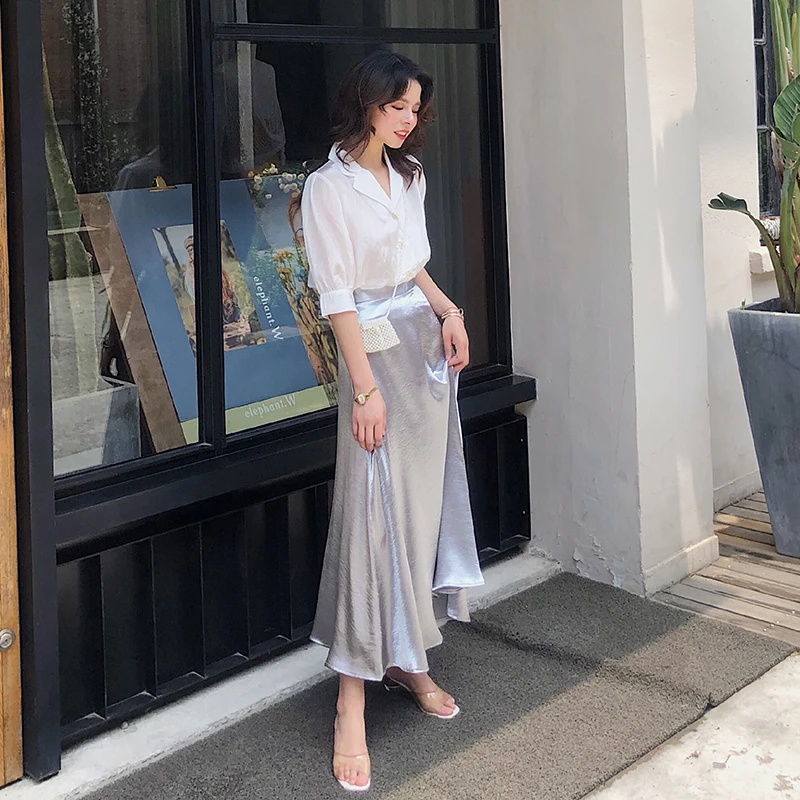 Юбка-годе Женская глянцевая атласная длинная юбка-годе с завышенной талией