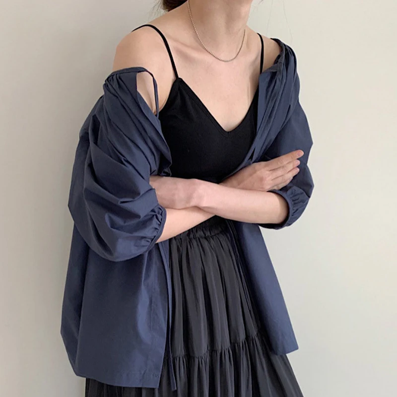 

2021 Spring New Simple O Neck Pleated Design Tie Loose Bow Tie Three Quarter Sleeve White Shirt Sweet Casual Blouse Women