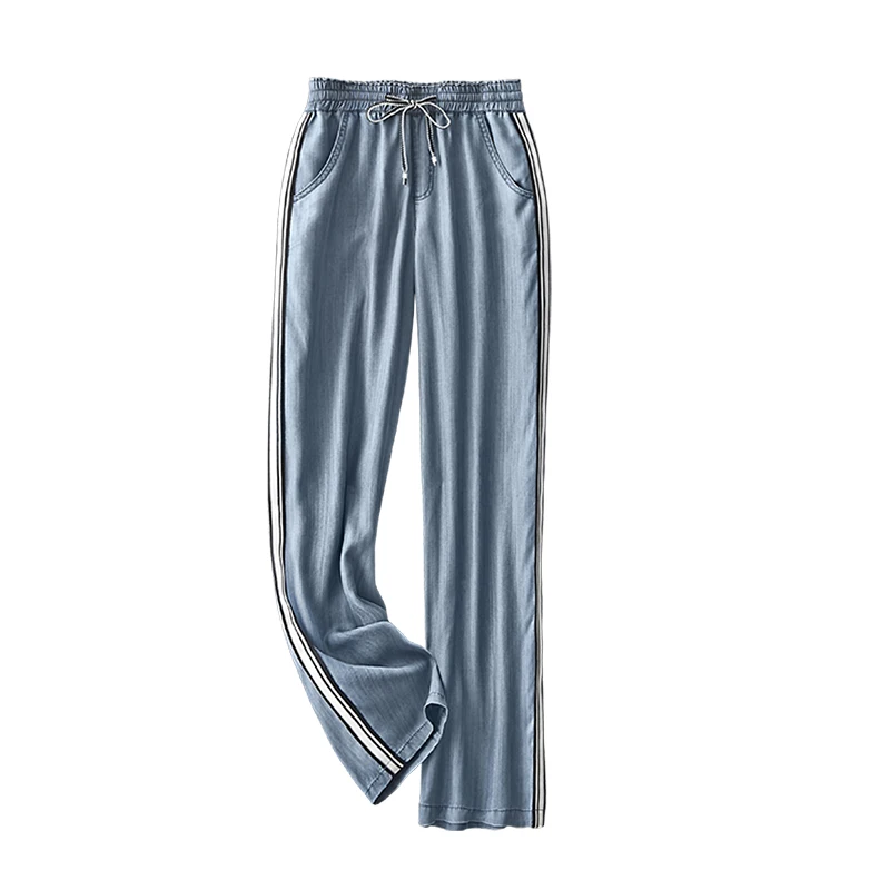 

Джинсы Shuchan Tencel/Lyocell женские длинные, прямые легкие брюки с полосками по бокам, уличная одежда с эластичным поясом, свободные Мягкие штаны
