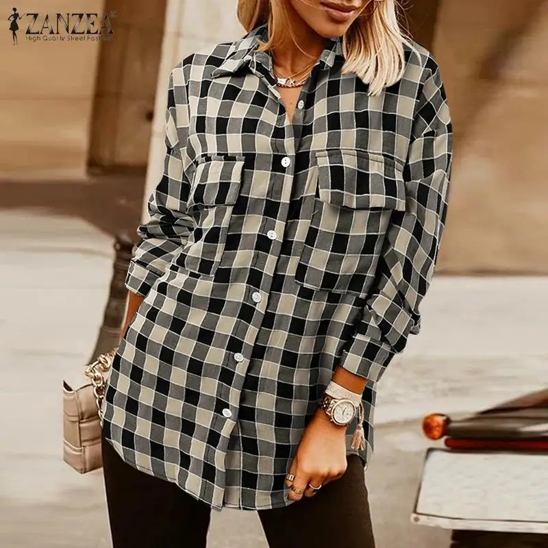 

Plaid Grid Printing Chemise Bohemian Elegant Loose Holiday Buttons Beach Tops 2021 ZANZEA Autumn Women Full Sleeve Blouse O-Neck