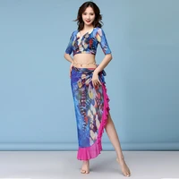 new fashion women dance clothing class wear spandex stretchy colorful tie dye peacocks belly dance costume top skirt 2pcs