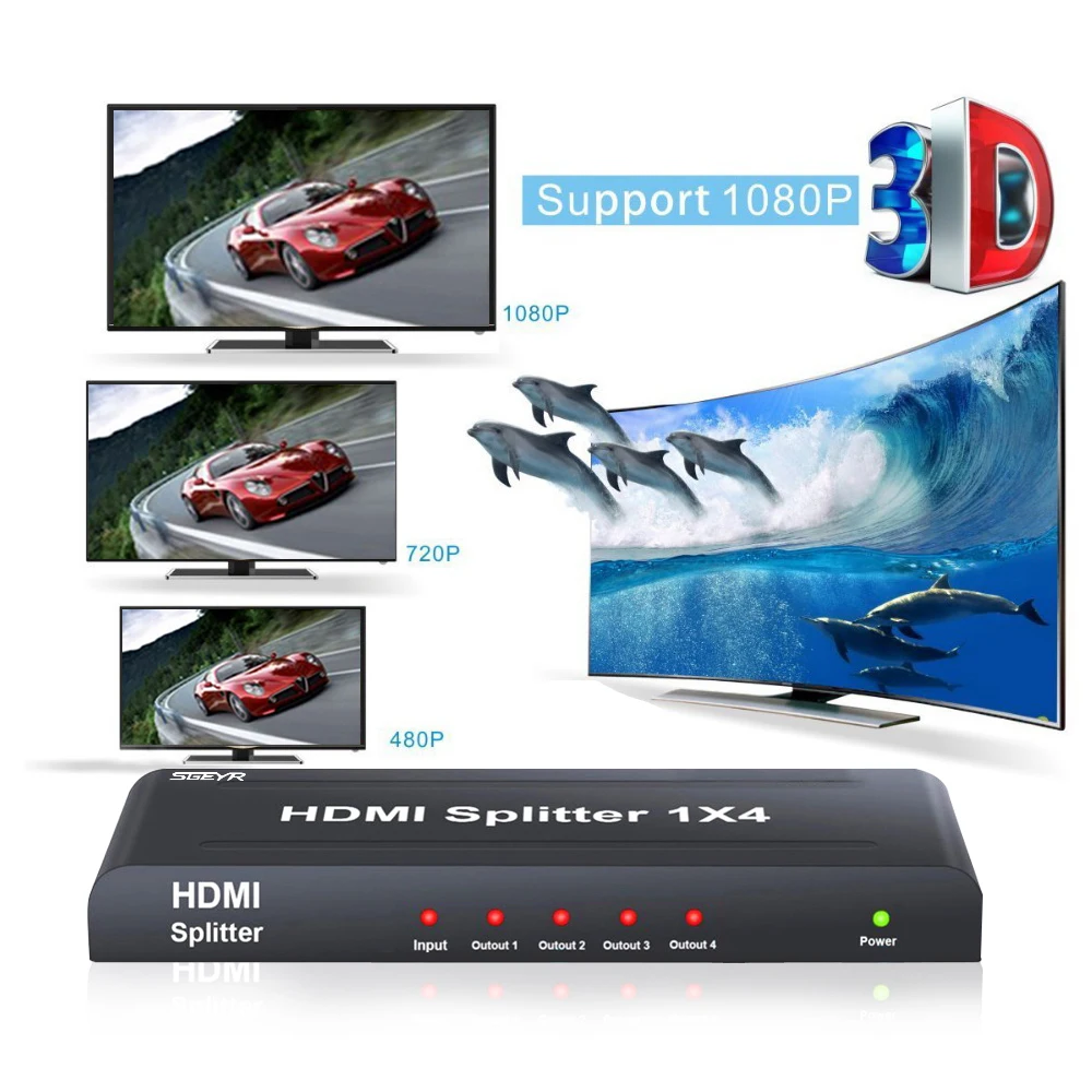 1x4 HDMI сплиттер 1 в 4 Выход с питанием Full HD 1080P (один Вход до четырех выходов) источник