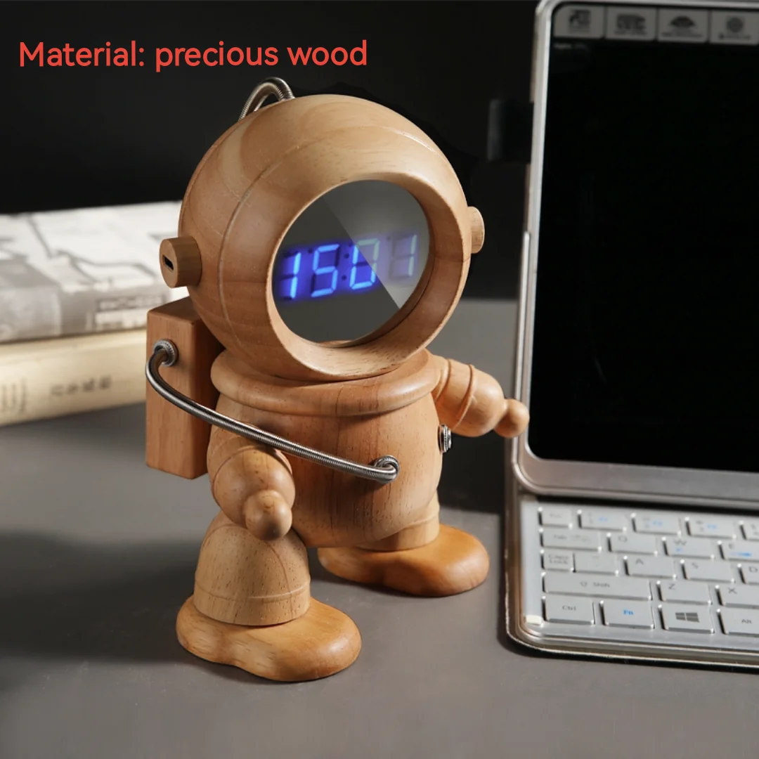 Reloj despertador LED con astronauta de madera, adorno de escritorio de lujo con pantalla de temperatura, de goma tailandesa, decoraci&oacute;n del hogar, regalo creativo-0